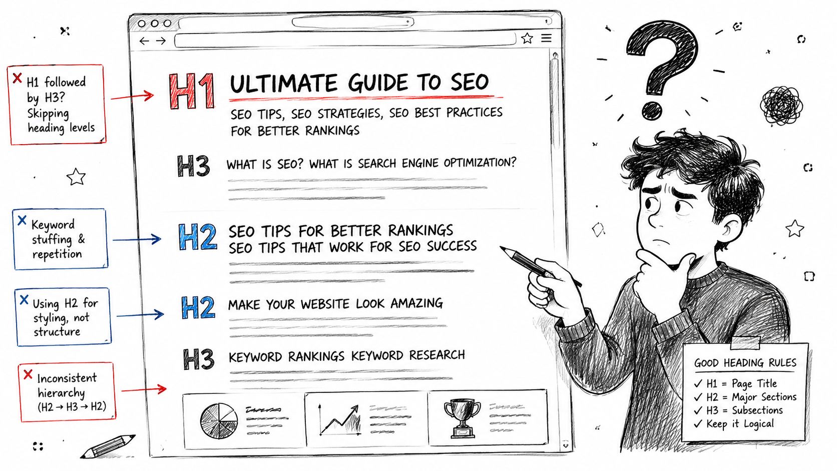 A hand-drawn illustration depicting common SEO heading structure mistakes like skipping levels and improper hierarchy.