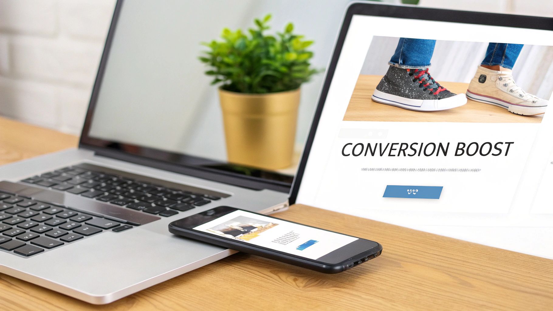 A laptop and smartphone on a wooden desk display web content, including "CONVERSION BOOST" and sneakers, highlighting e-commerce optimization.