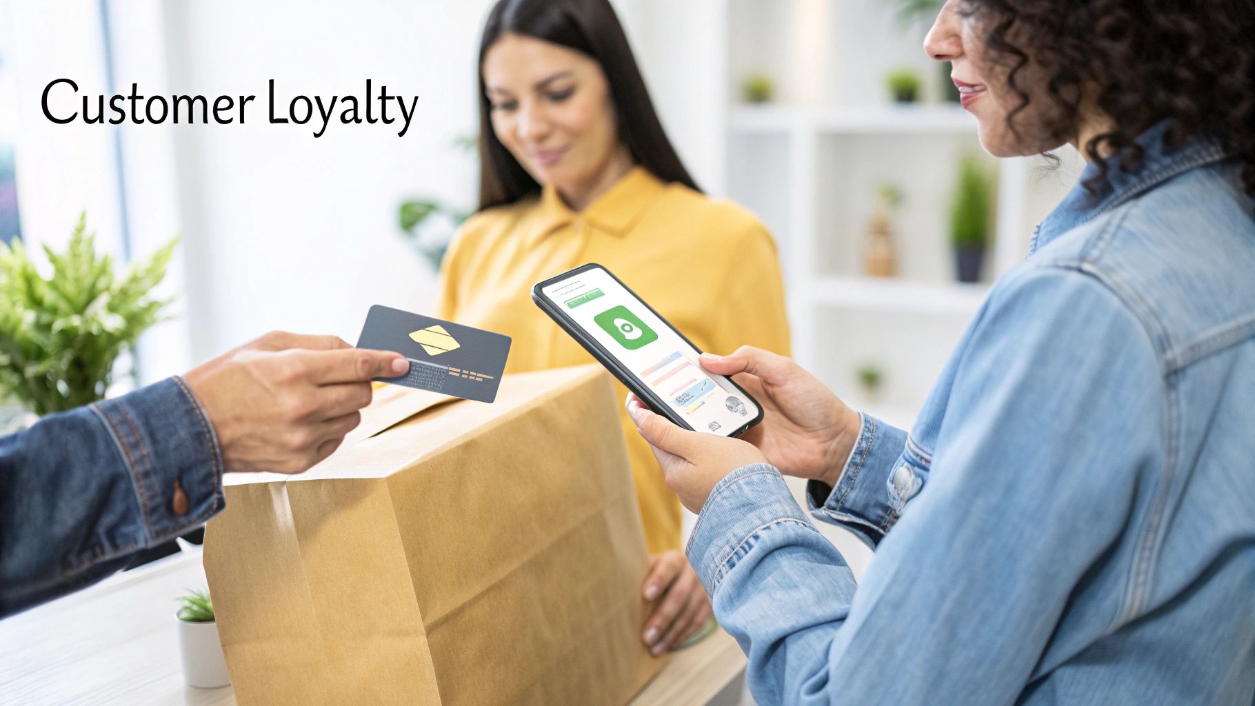Customers using a loyalty card and smartphone app for a transaction, fostering customer loyalty.