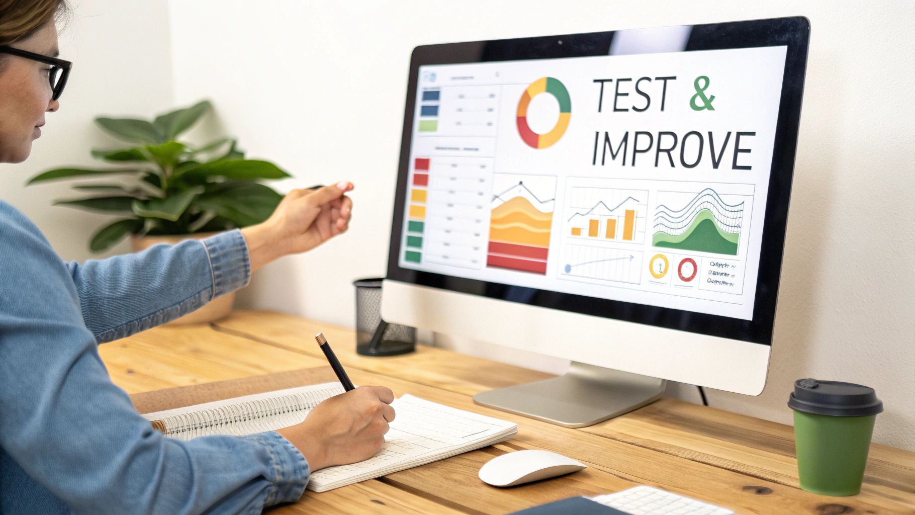 A person analyzes data charts on a computer screen displaying 'TEST & IMPROVE', taking notes at a wooden desk.