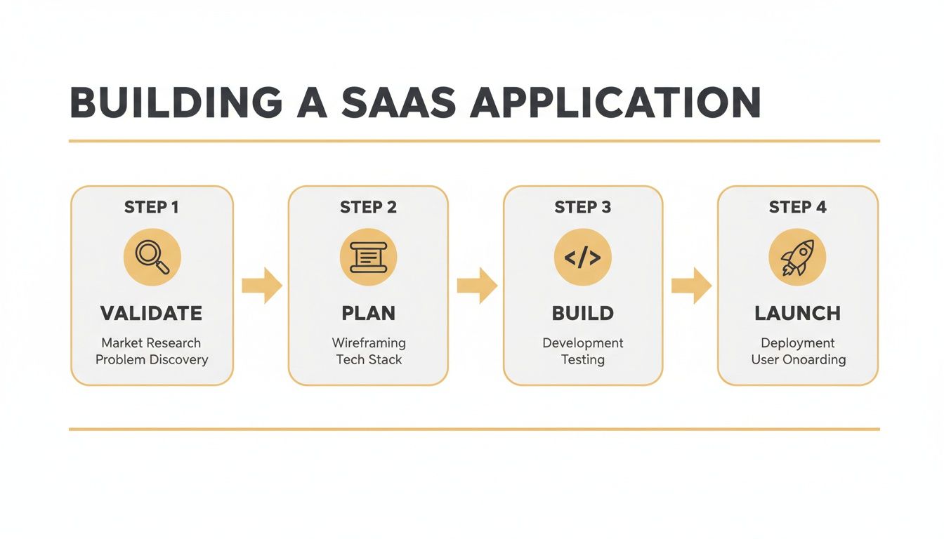 A four-step process for building a SaaS application: validate, plan, build, and launch.
