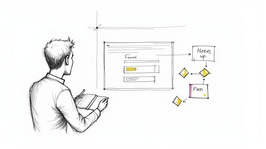 A sketch of a designer analyzing a web interface and a flowchart outlining user needs and pain points.