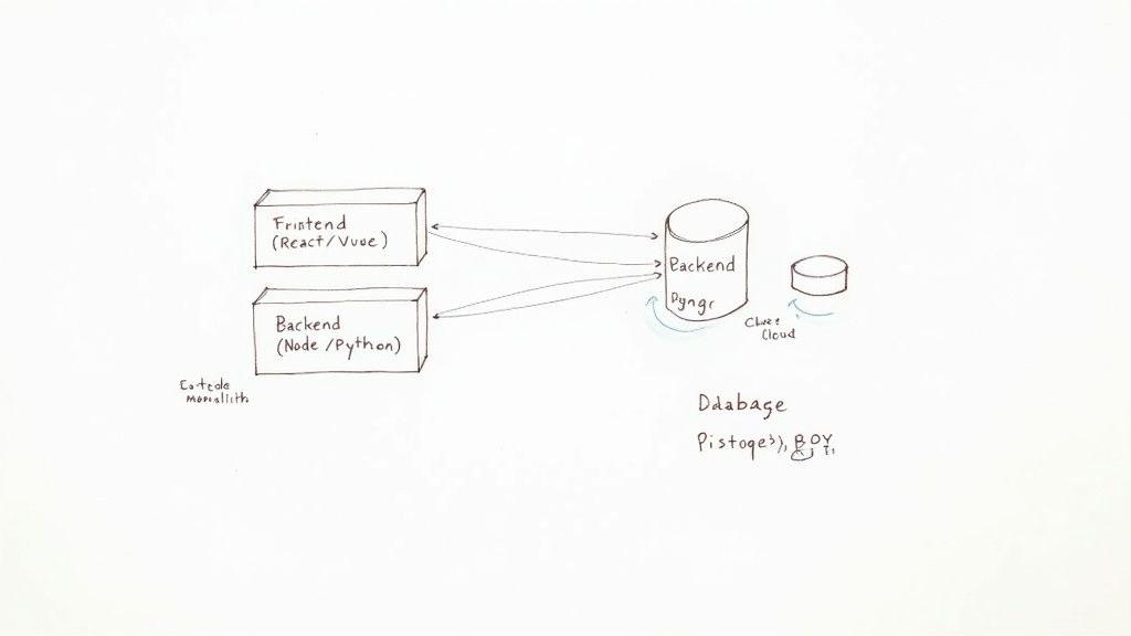 A hand-drawn diagram illustrating a SaaS application architecture with frontend, backend, and database components.