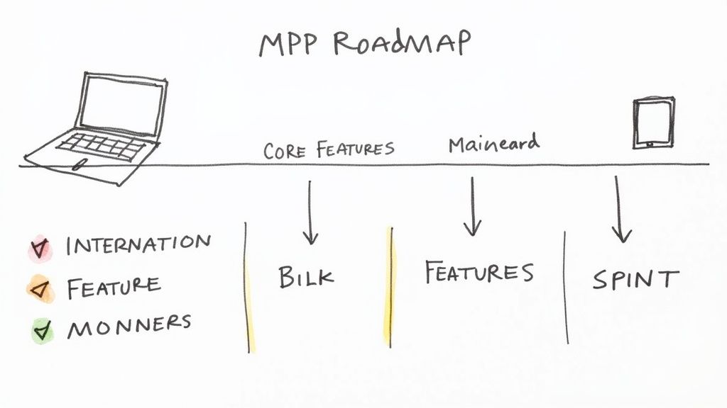Hand-drawn MPP roadmap visualizing core features, a laptop, and a mobile device.