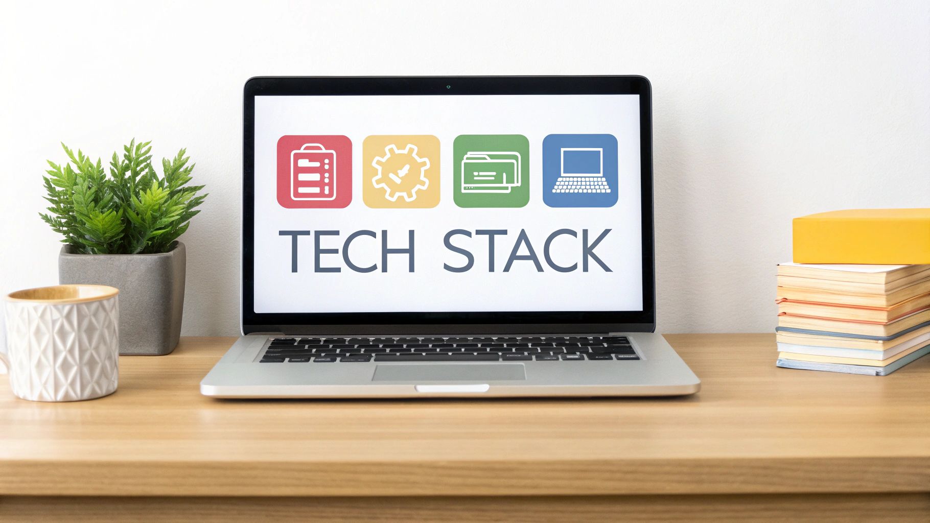 A laptop on a wooden desk displays 'TECH STACK' with four icons, next to a plant and books.