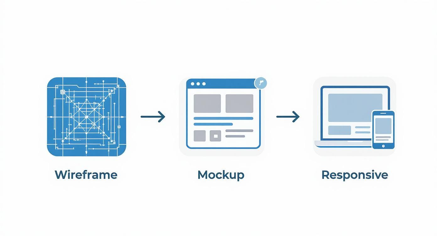 Illustration showing the web design workflow: wireframe blueprint, mockup, and responsive layout on laptop and phone.