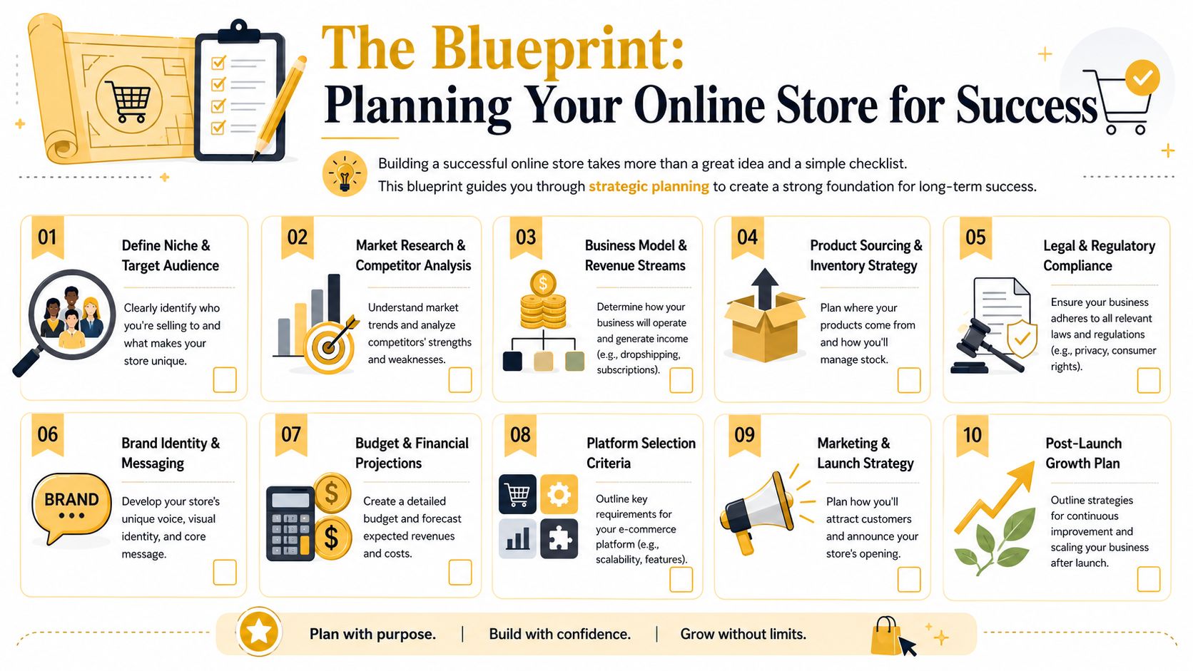 A 10-step infographic blueprint for planning and launching a successful online e-commerce business store.