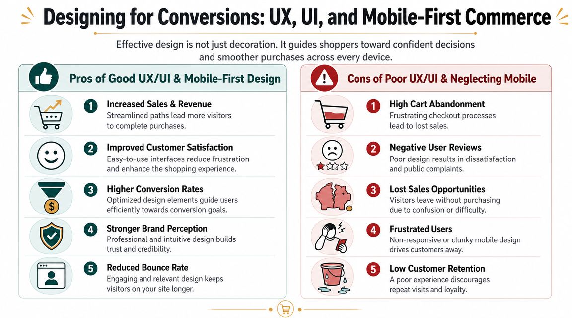 A comparative infographic illustrating the business advantages of good UX and UI design versus the risks of poor design.