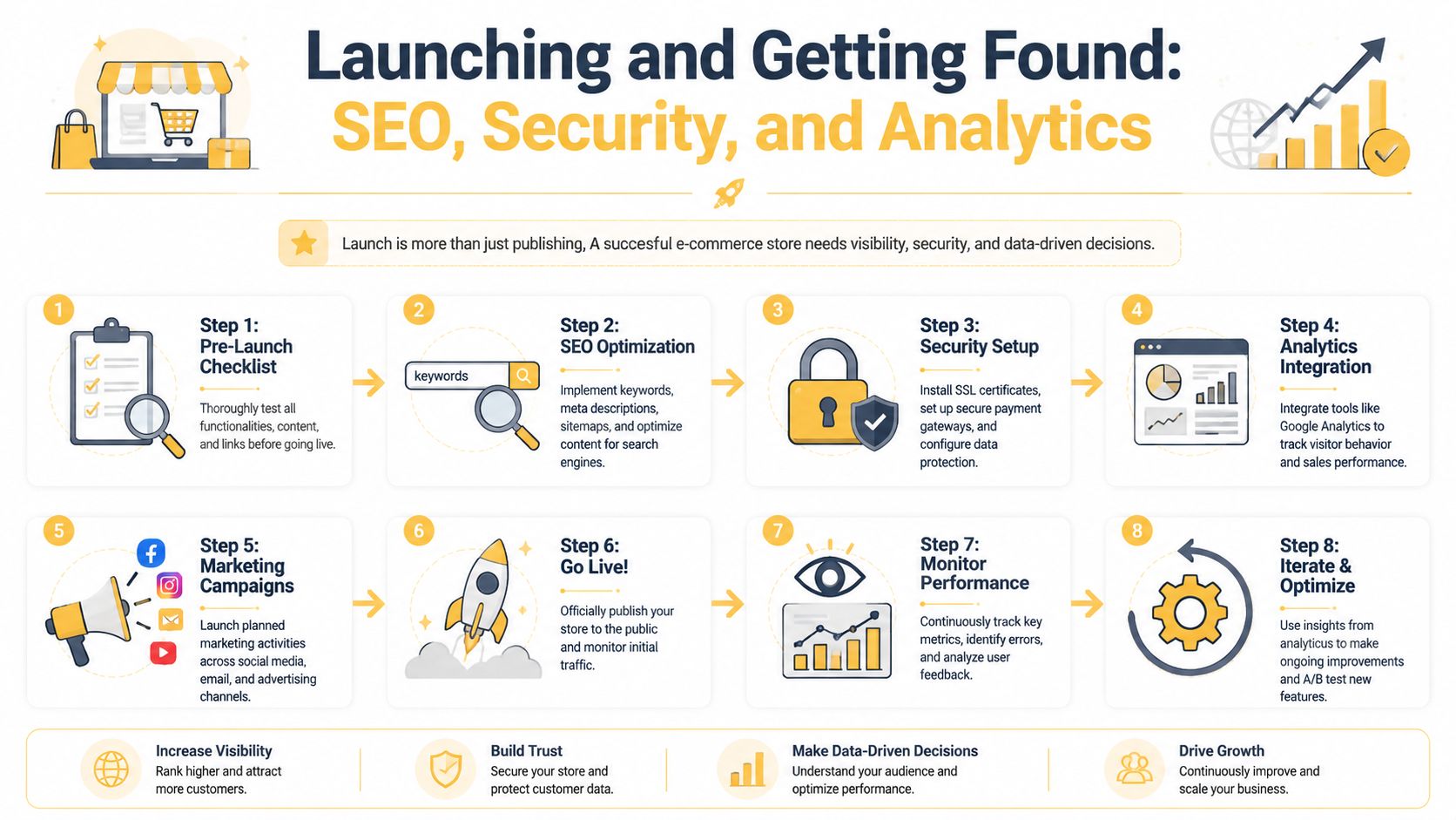An infographic showing eight steps for launching an e-commerce website including SEO, security, and performance optimization strategies.