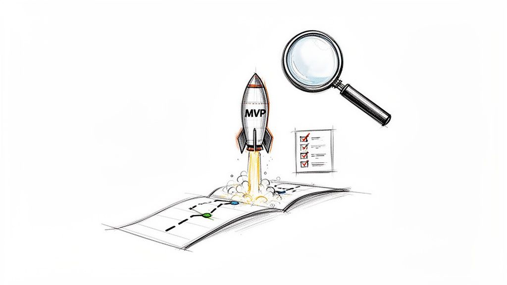 An MVP rocket launching from a product roadmap, with a checklist and magnifying glass.