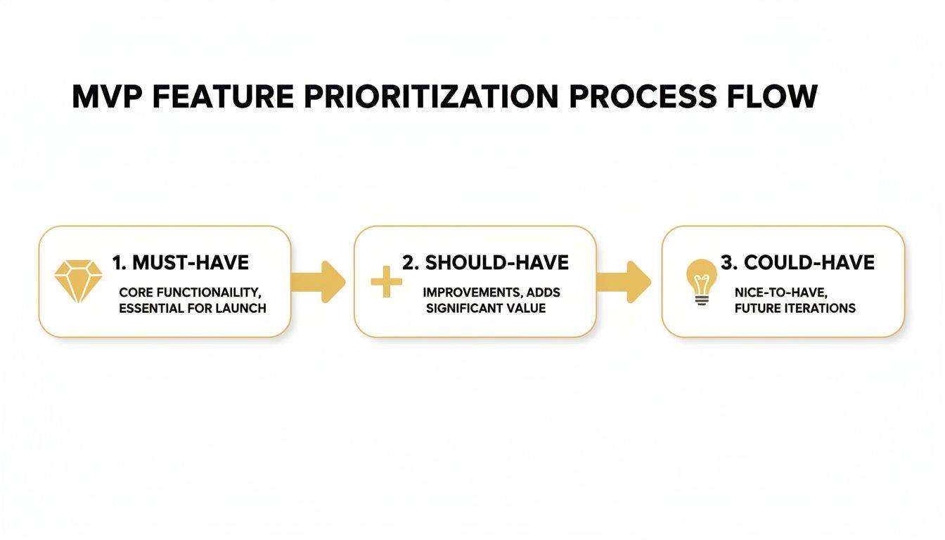 A flowchart illustrating MVP feature prioritization into must-have, should-have, and could-have categories.