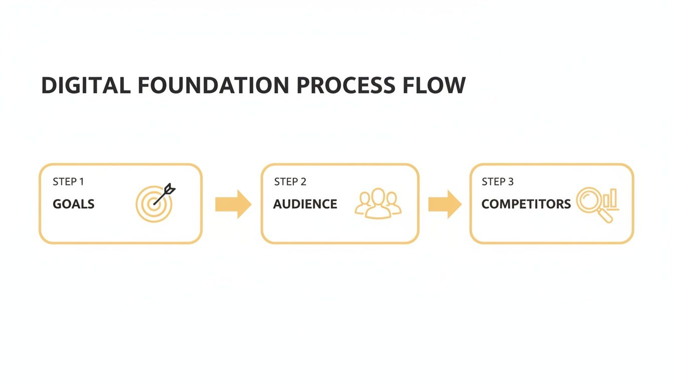 A digital foundation process flow diagram showing three steps: goals, audience, and competitors.