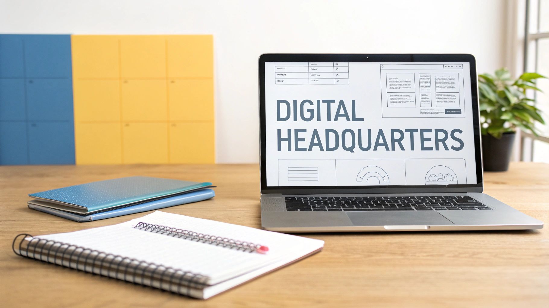 A laptop displaying "DIGITAL HEADQUARTERS" on a wooden desk with notebooks and a plant.
