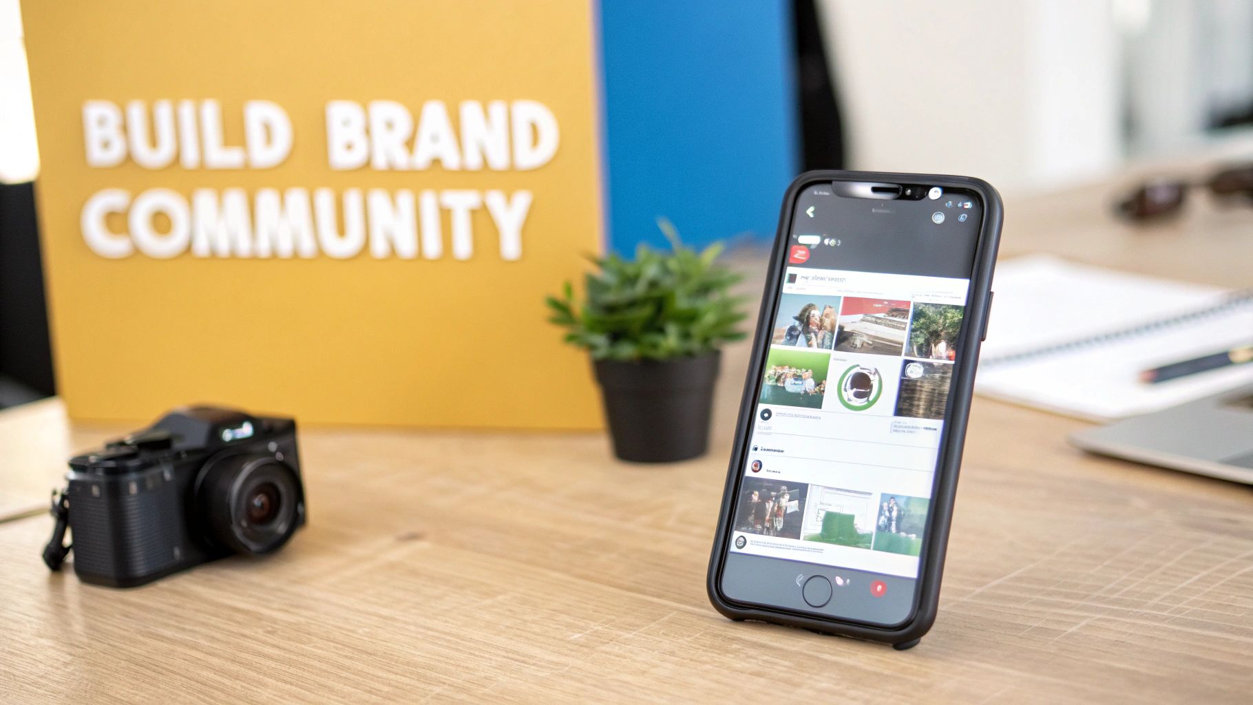 Smartphone on a wooden desk showing social media content, with a camera and 'BUILD BRAND COMMUNITY' sign.