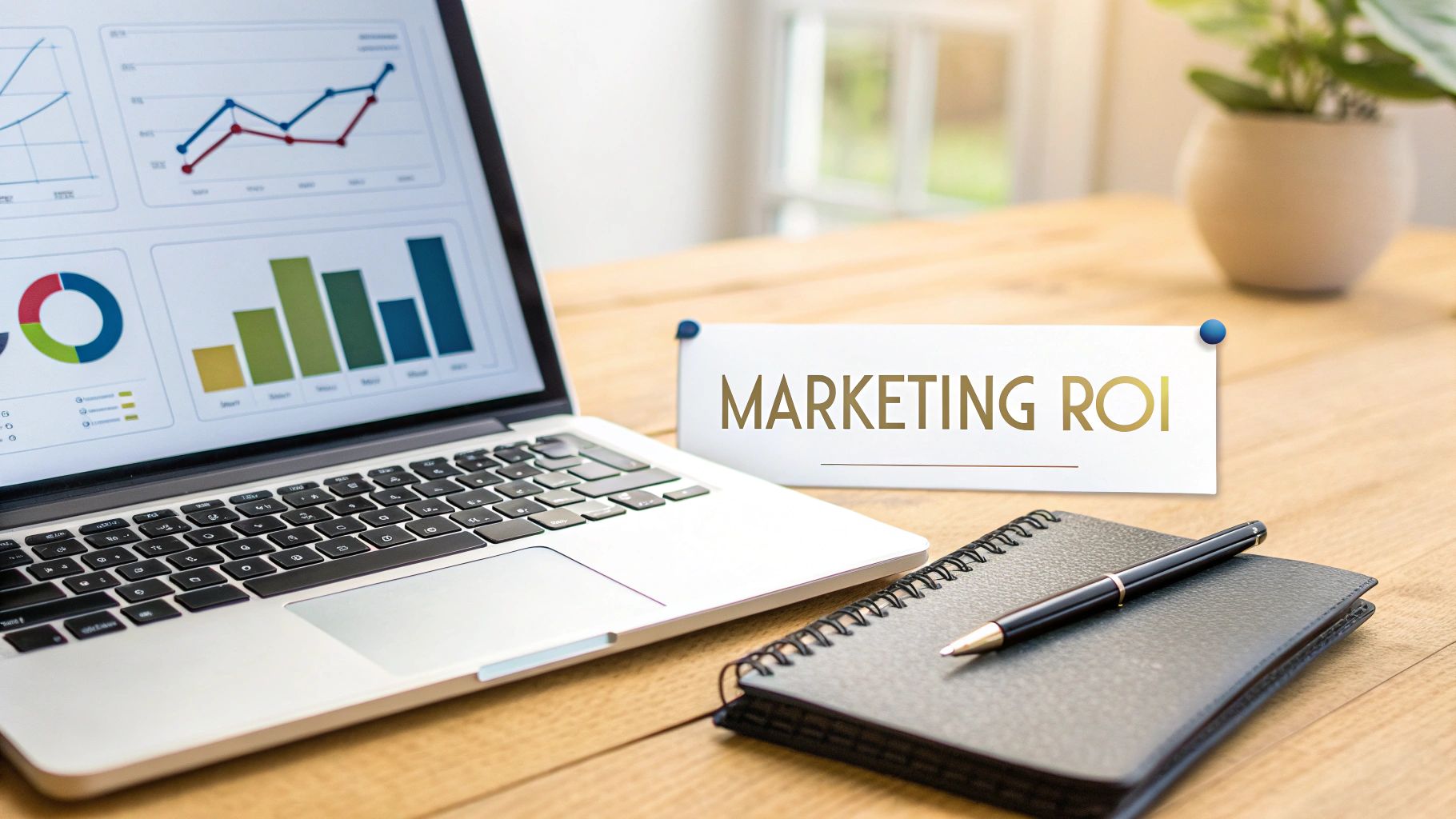 Laptop displaying marketing analytics charts and graphs next to notebook with Marketing ROI sign on desk