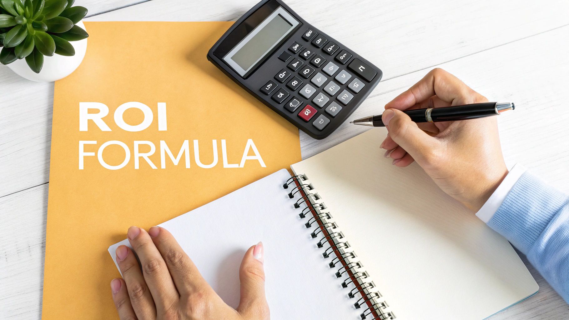 Business person calculating ROI formula with calculator, notebook and pen on desk
