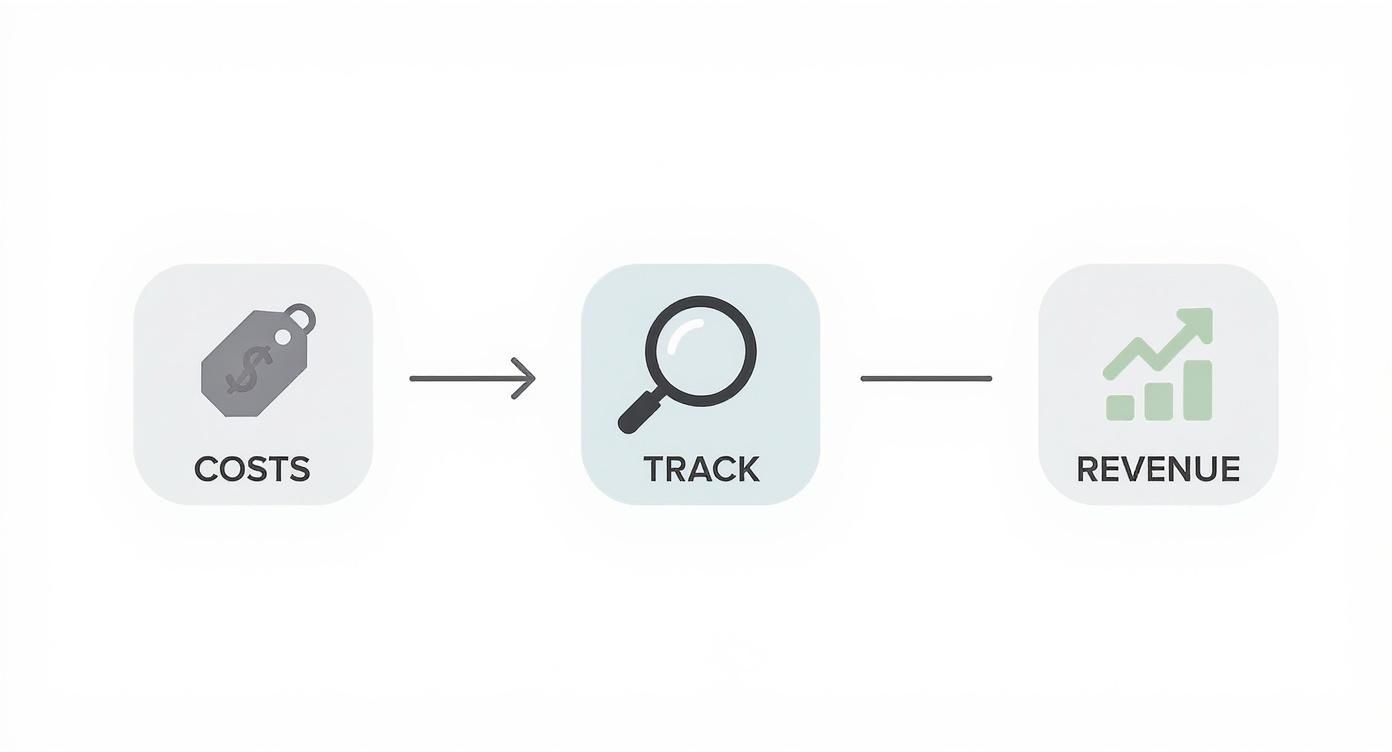 Business profitability formula showing costs plus tracking equals revenue with icons and arrows