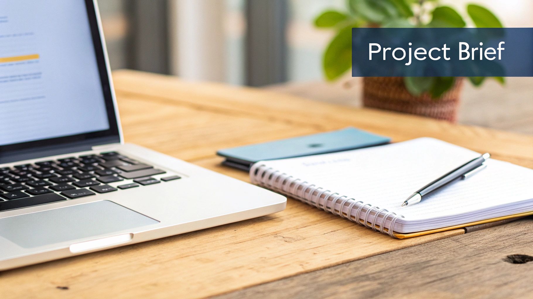 A laptop, open notebook with a pen, and "Project Brief" overlay on a wooden desk.