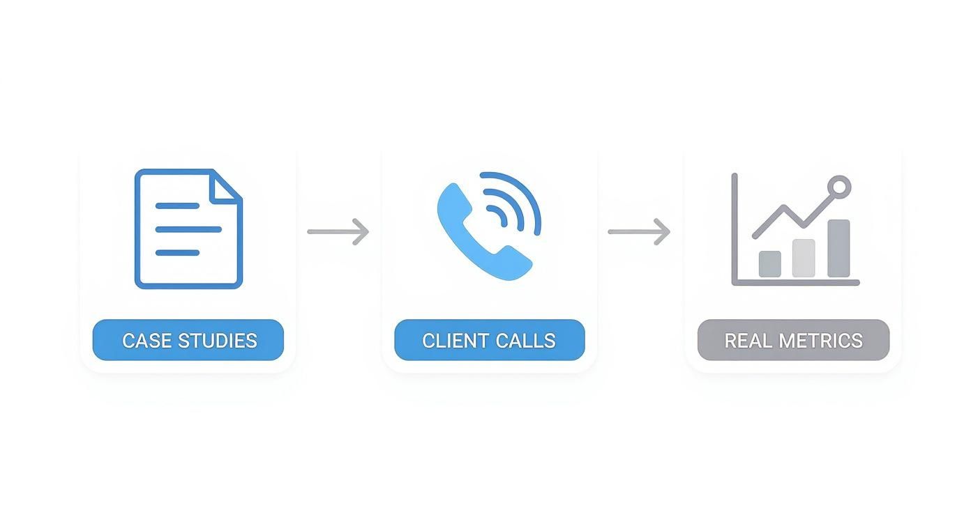 Infographic showing the three key steps to assess an agency's track record: reviewing case studies, conducting client calls, and analyzing real performance metrics.