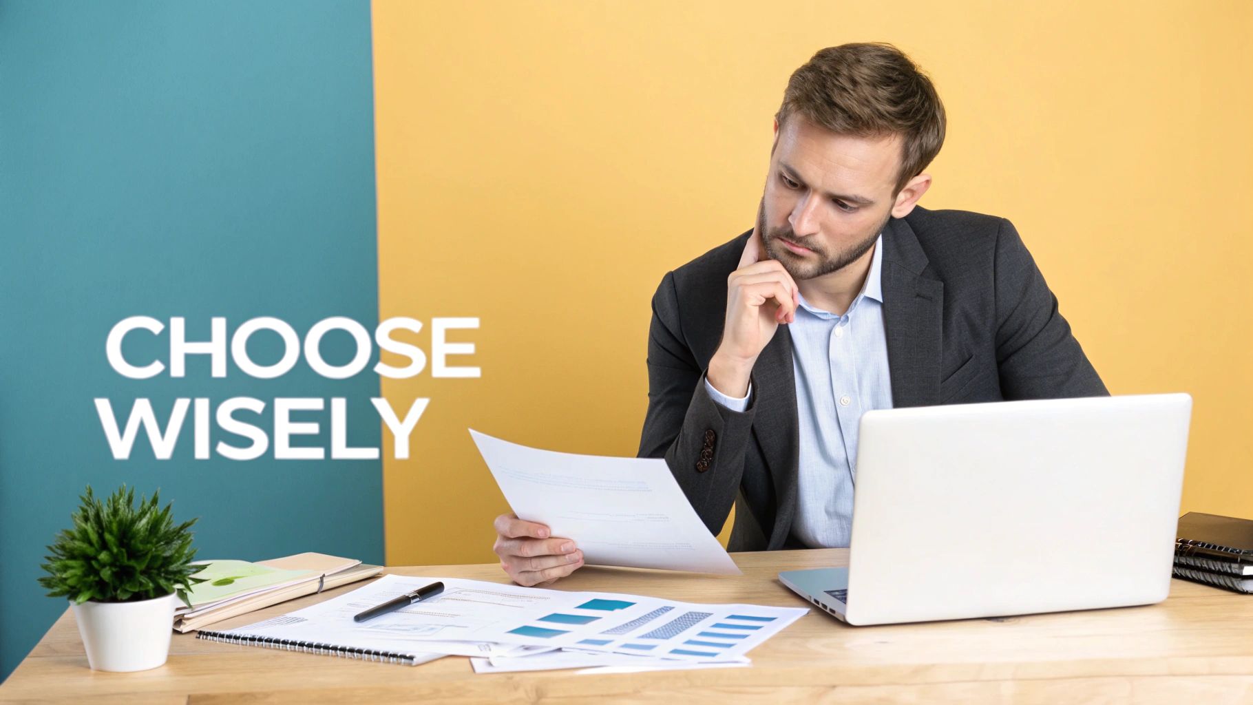 A man in a suit thoughtfully analyzes documents at a desk with a laptop, under a 'CHOOSE WISELY' sign.