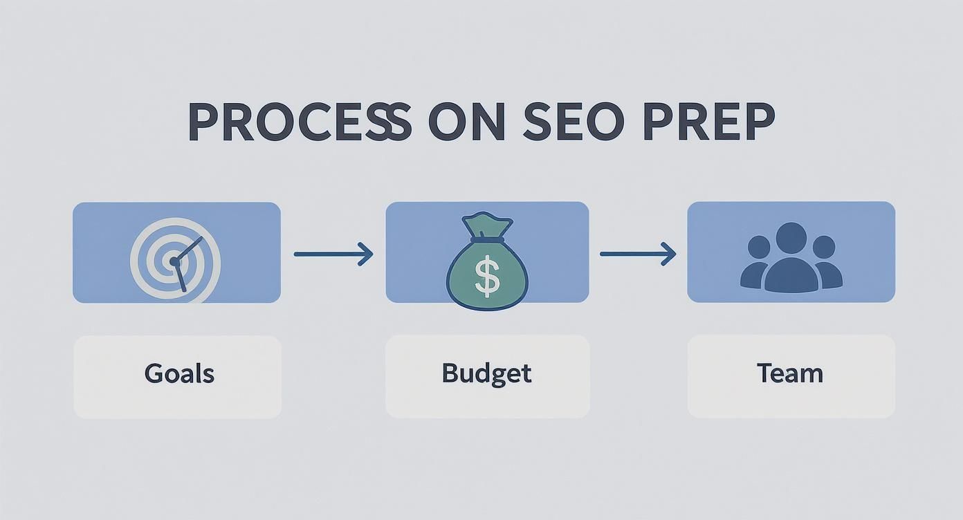 Flowchart illustrating the SEO preparation process, including setting goals, defining budget, and assembling a team.