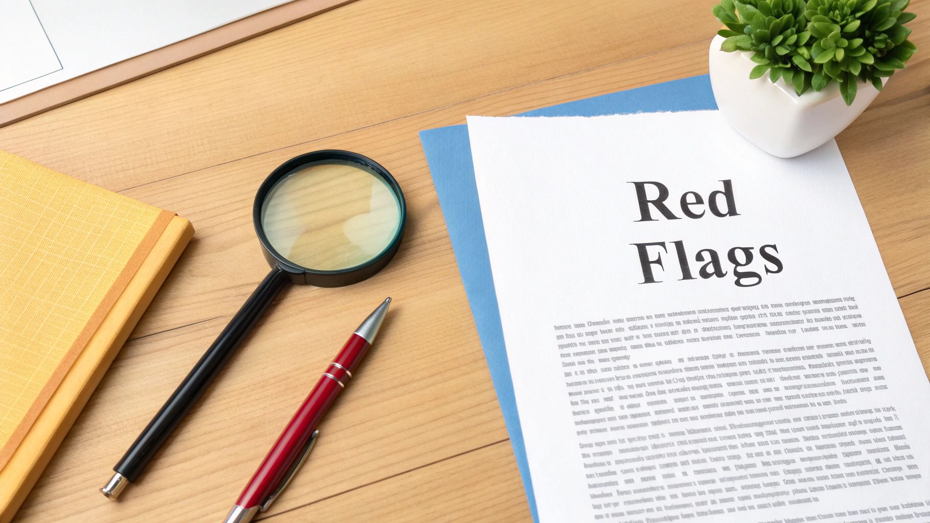 A wooden desk with a magnifying glass, red pen, orange notebook, and 'Red Flags' document next to a green plant.