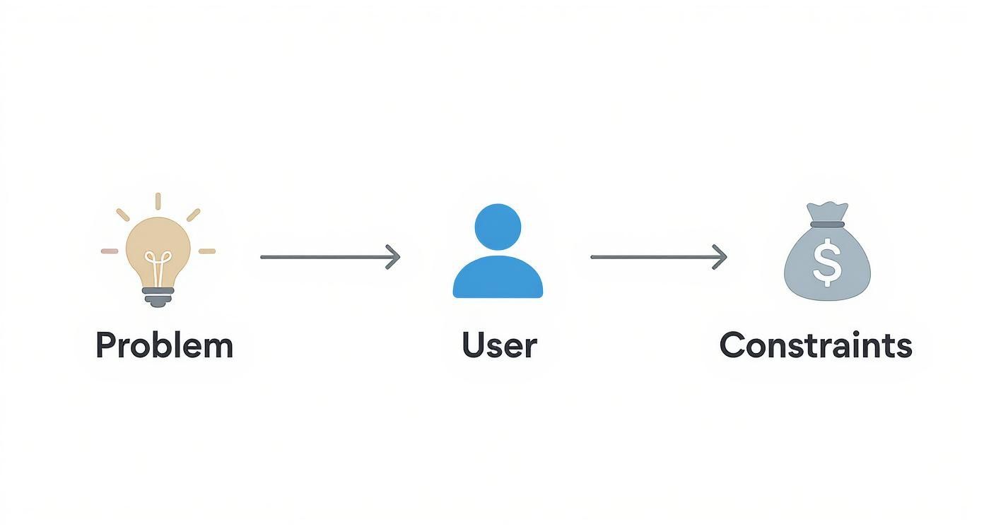 Product development workflow diagram showing problem identification, user research, and budget constraints progression