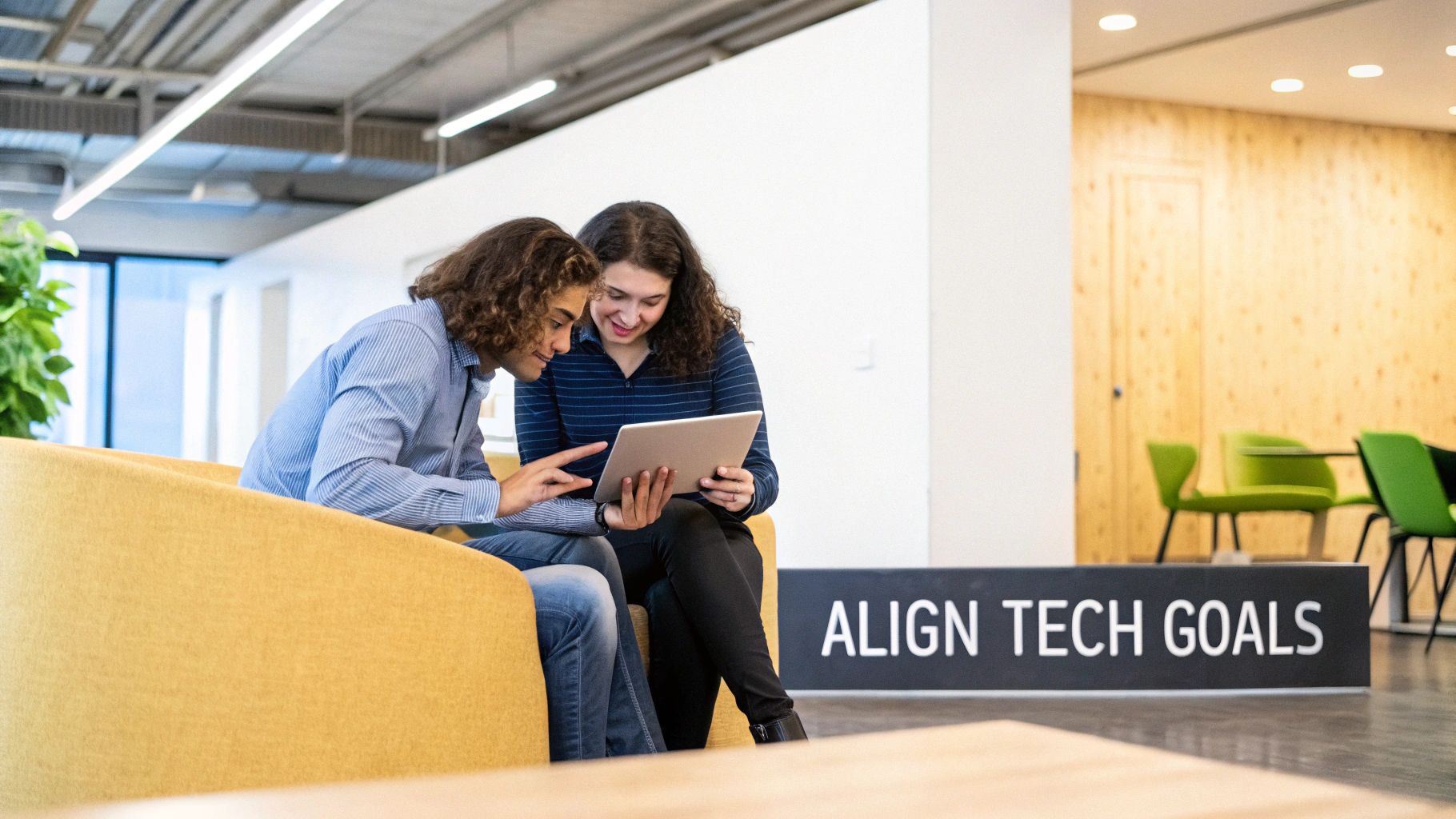 Two professional women collaborating on tablet in modern office discussing technology goals and strategy