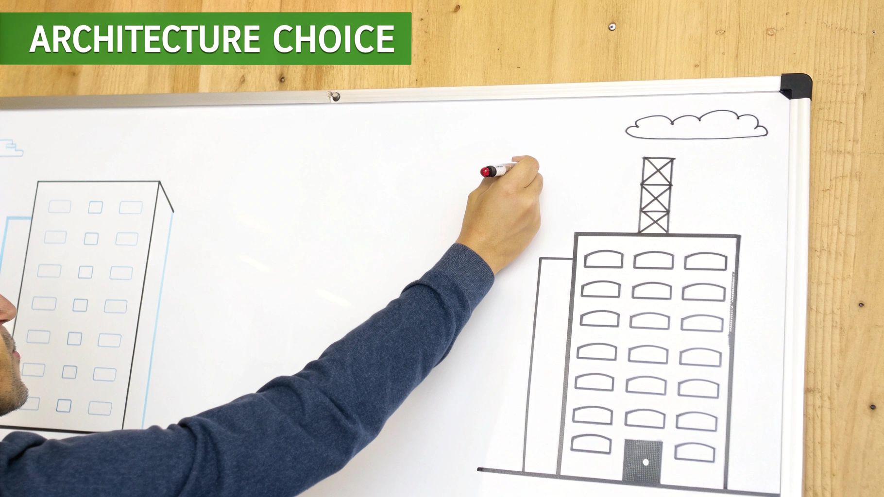 Person drawing architectural building sketches on whiteboard comparing different design options for construction