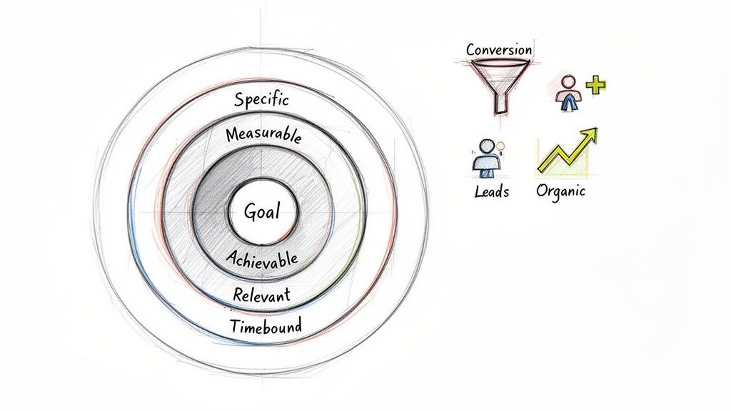 An illustration of the SMART goals framework and key marketing metrics like conversion, leads, and organic growth.