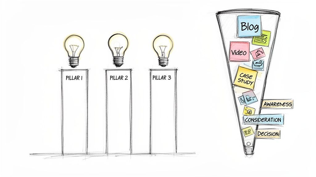Three content pillars with lightbulbs alongside a marketing funnel showing content types and stages.