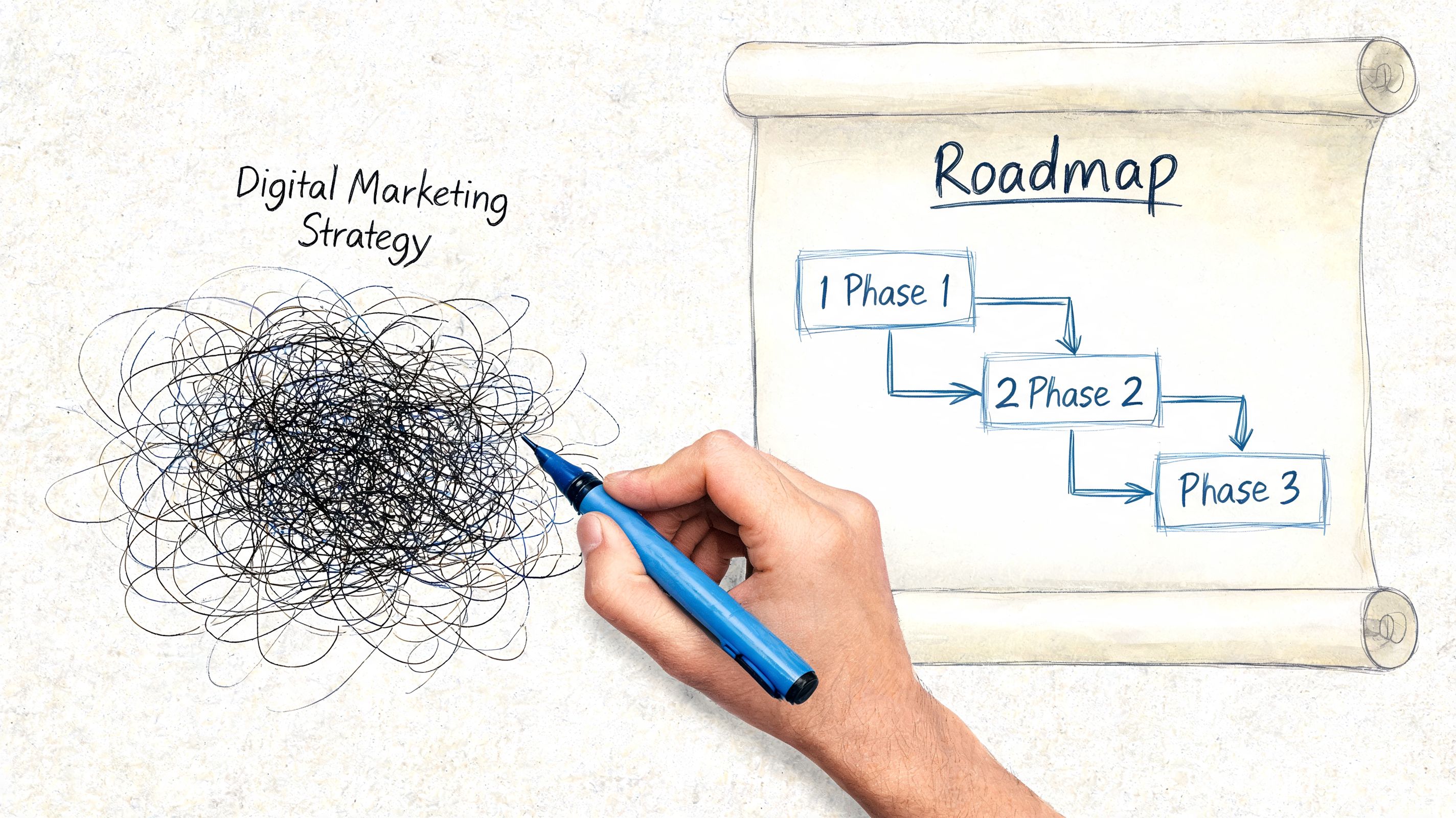 A hand drawing a digital marketing roadmap on paper, transforming chaotic scribbles into an organized three-phase plan.