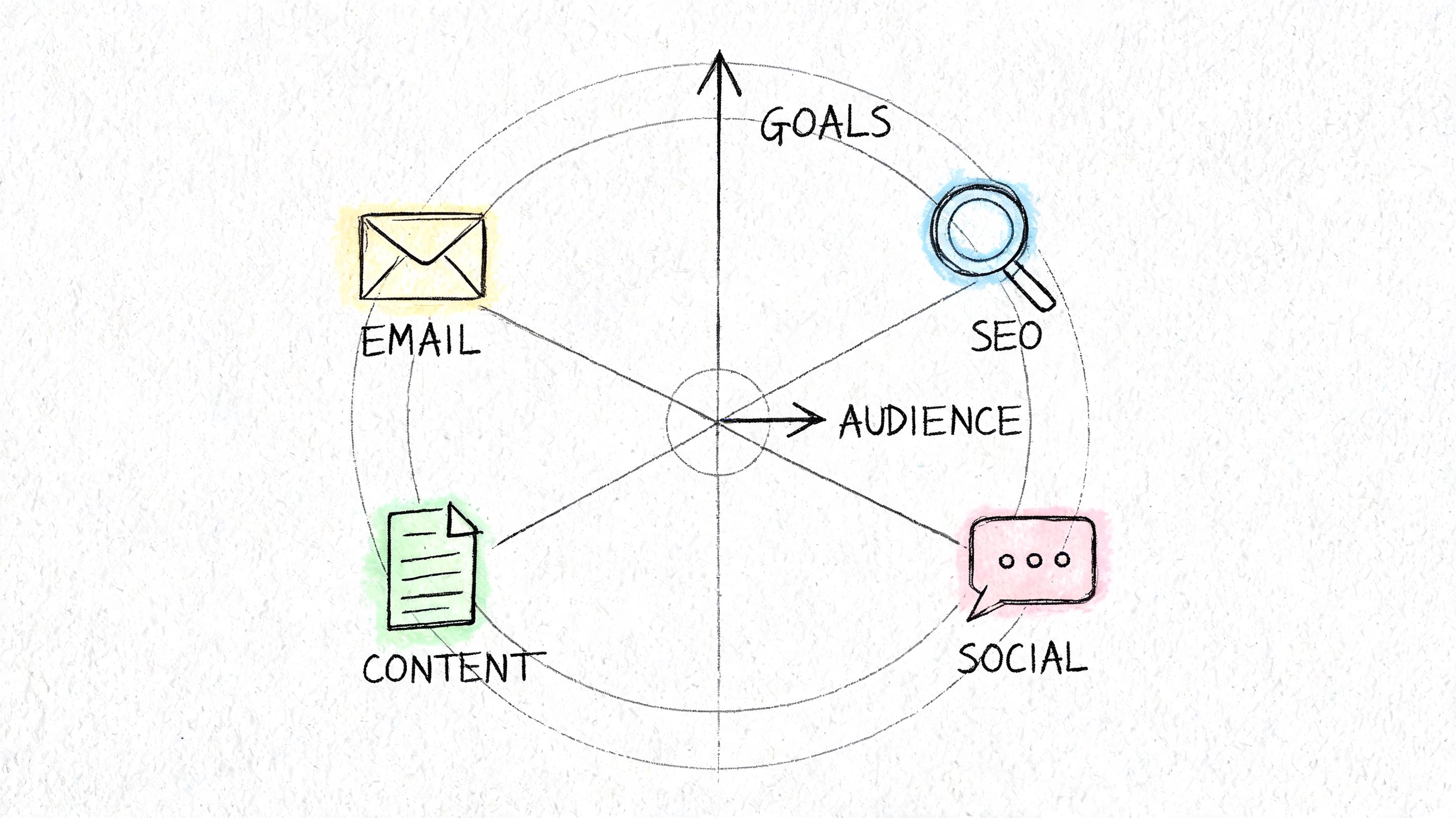A hand-drawn diagram illustrating digital marketing strategies, including email, SEO, content, social media, and target audience.