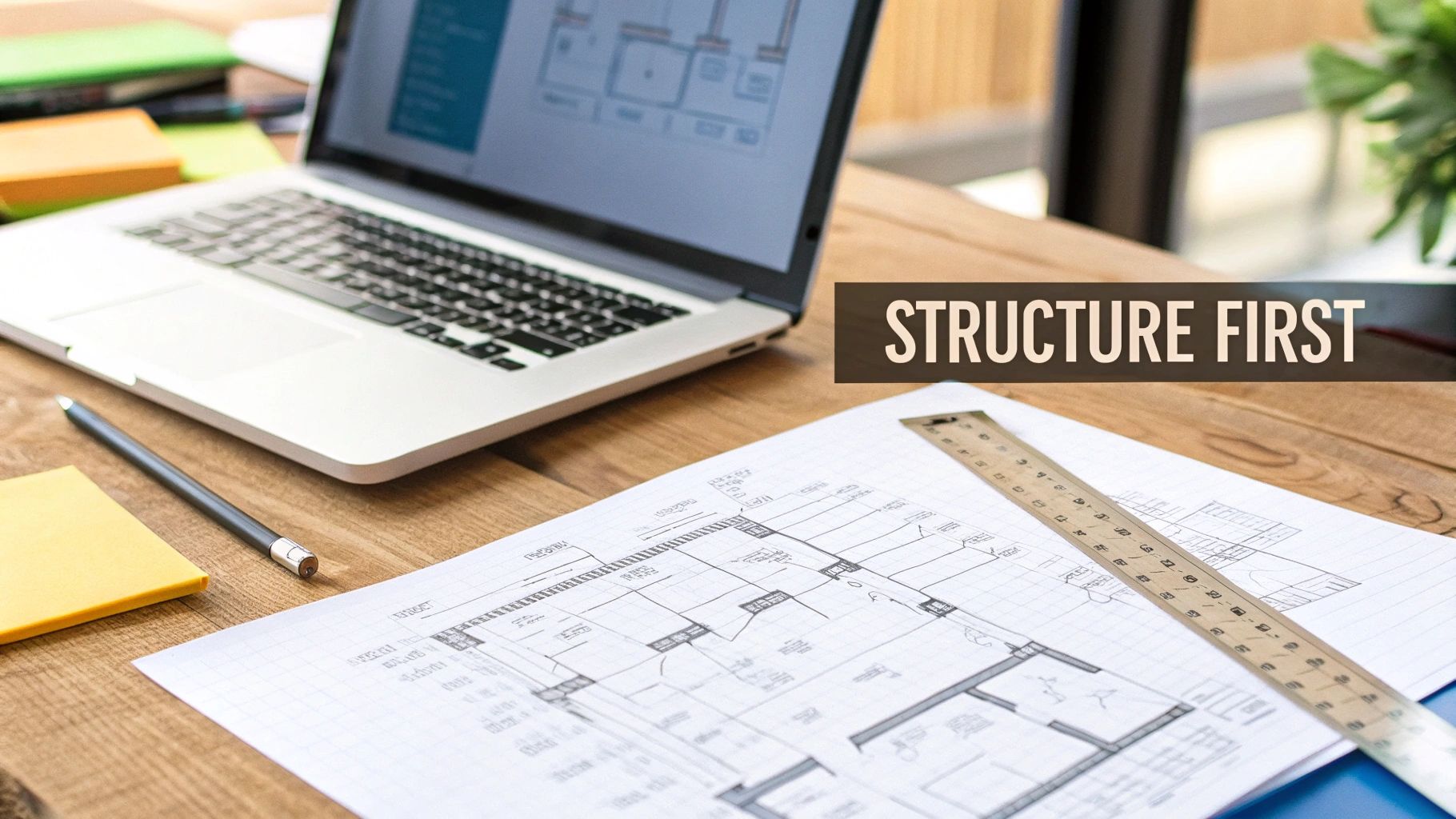 Architectural floor plan blueprints on wooden desk with laptop, ruler, pencil and sticky notes