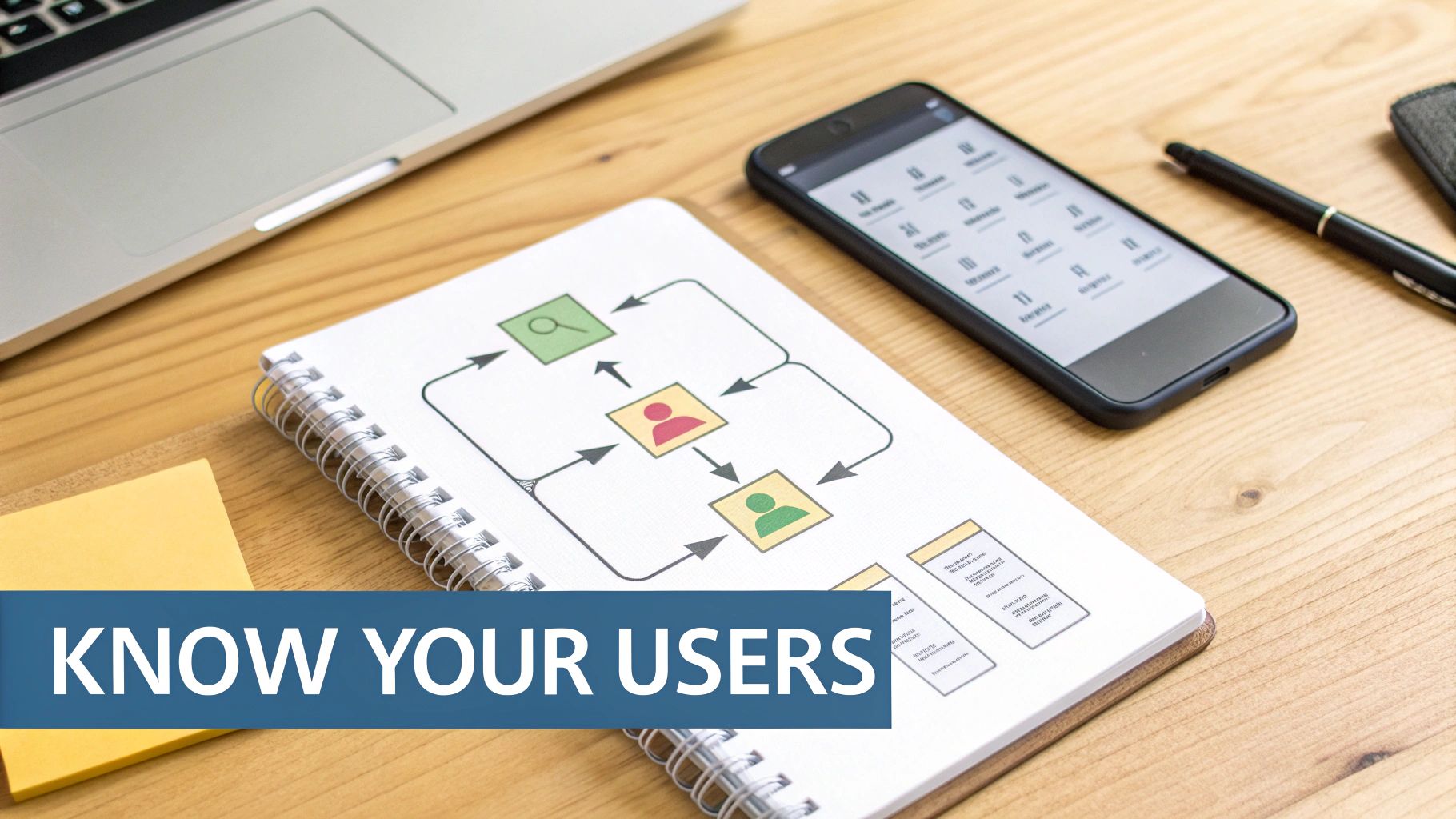 User experience design workspace with wireframe sketches, smartphone displaying interface mockups, and notebook on wooden desk
