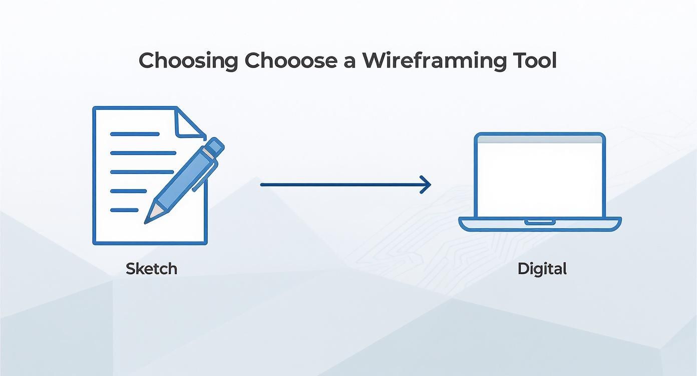 Illustration showing wireframing tool options with sketch paper and pencil versus digital laptop computer