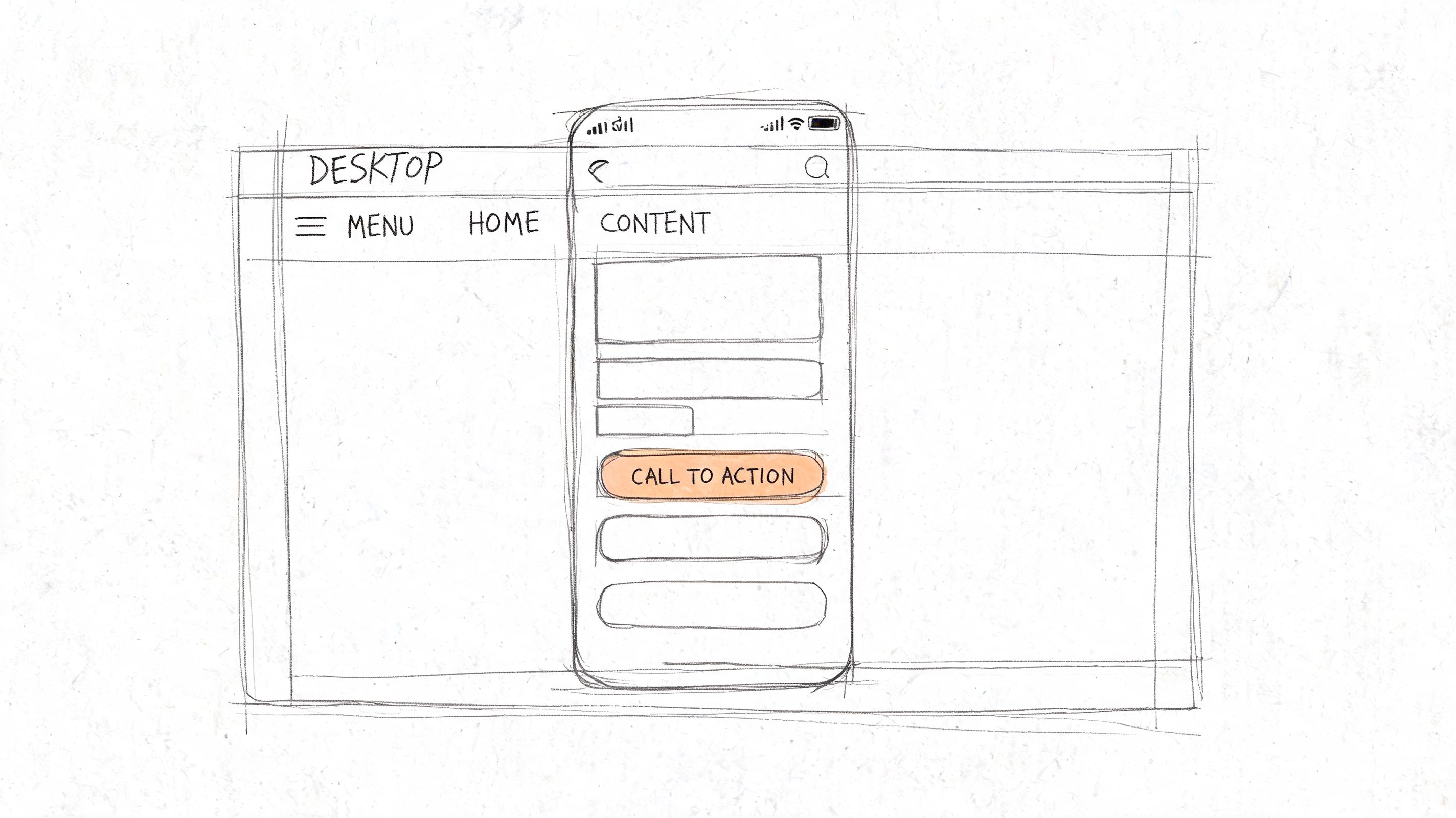 A hand-drawn wireframe sketch showing a mobile application design inside a desktop browser interface frame.