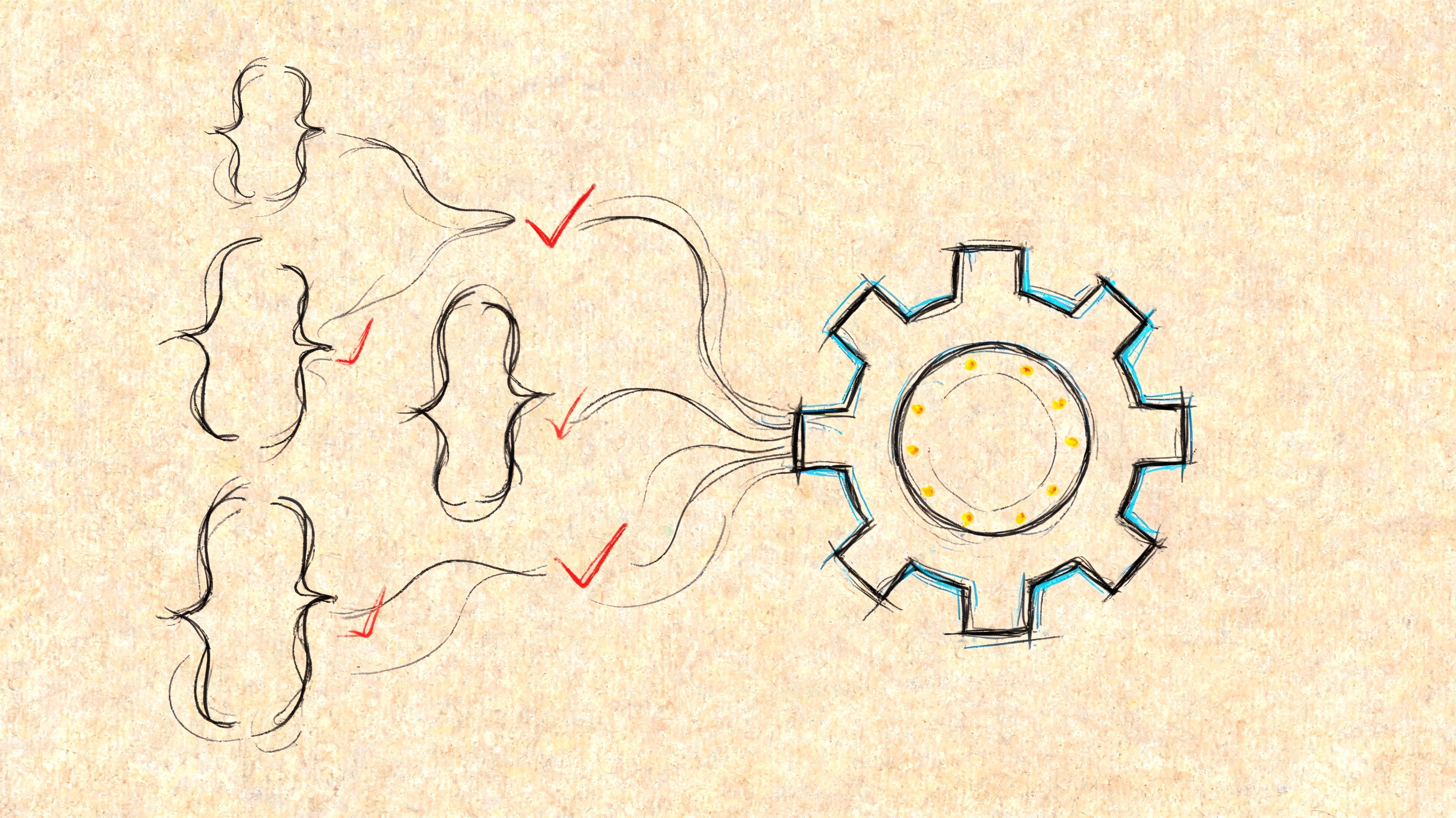 Sketch of curly braces connecting to a gear, symbolizing the process of designing a web application.
