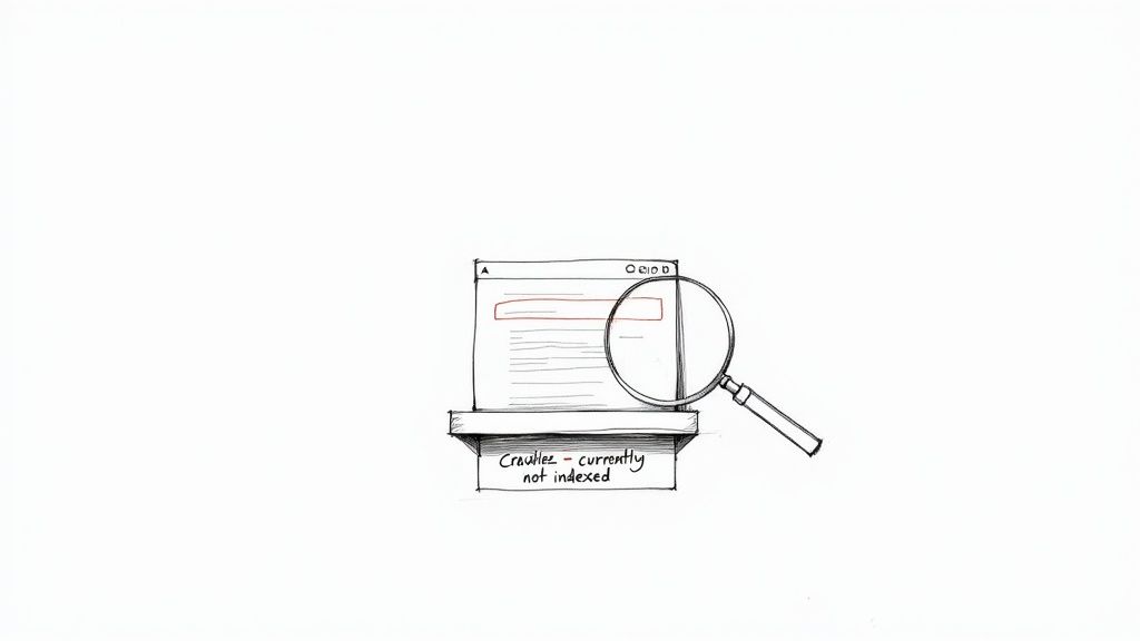 A hand-drawn sketch showing a browser window with a magnifying glass and text 'Crawled - currently not indexed'.