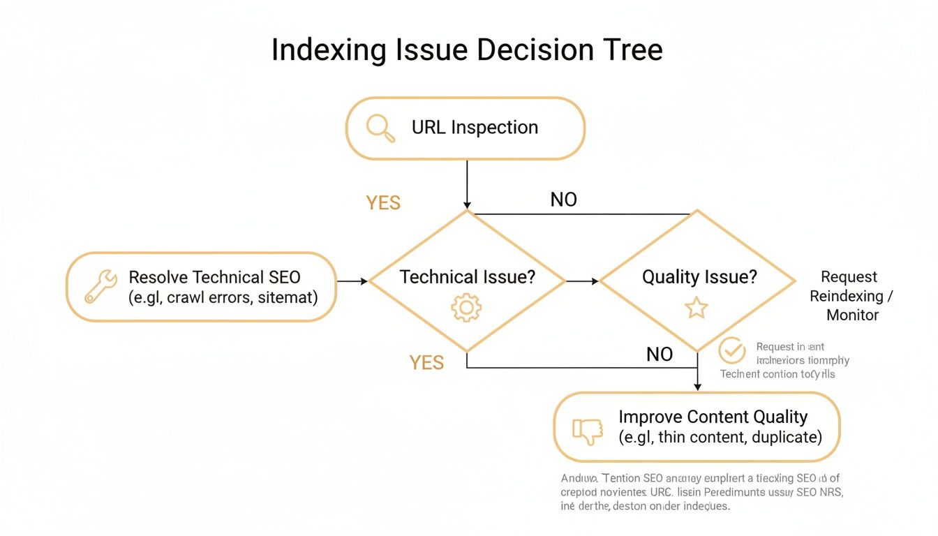 Flowchart illustrating an indexing issue decision tree, guiding through URL inspection, technical, and quality checks.