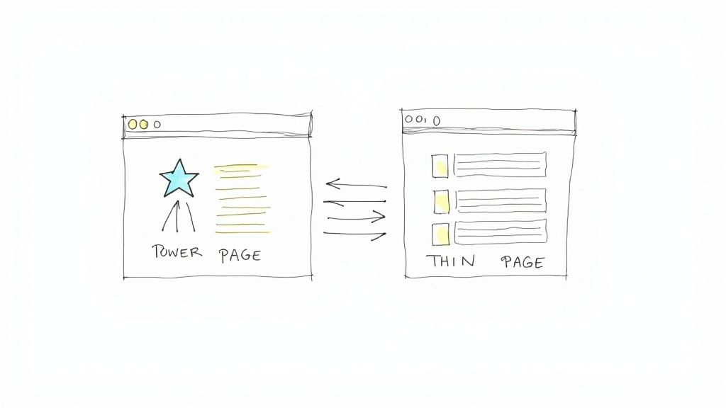 Illustration comparing a rich 'power page' with a prominent star and content, to a simpler 'thin page' with a list, connected by directional arrows.