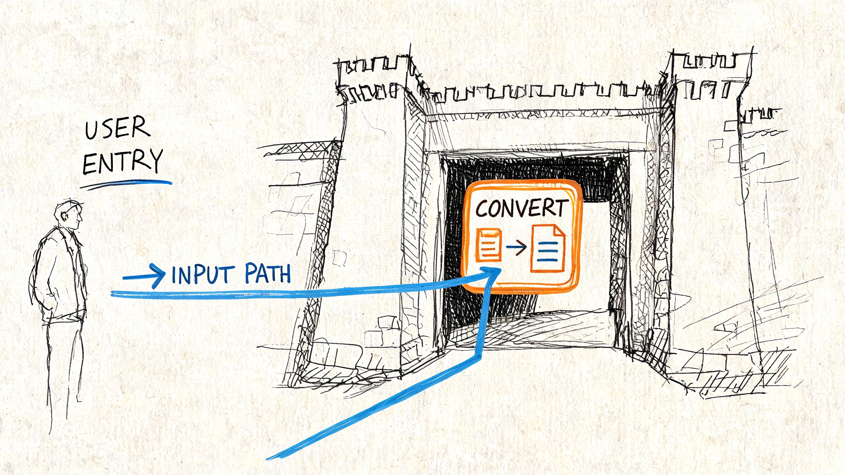 A conceptual sketch illustrating a user sending a file through a digital gateway for conversion processing.