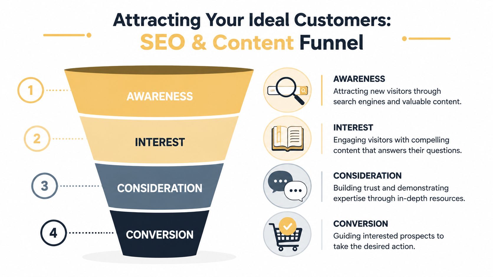 A marketing funnel illustration showing the four stages of SEO and content strategy for attracting customers.