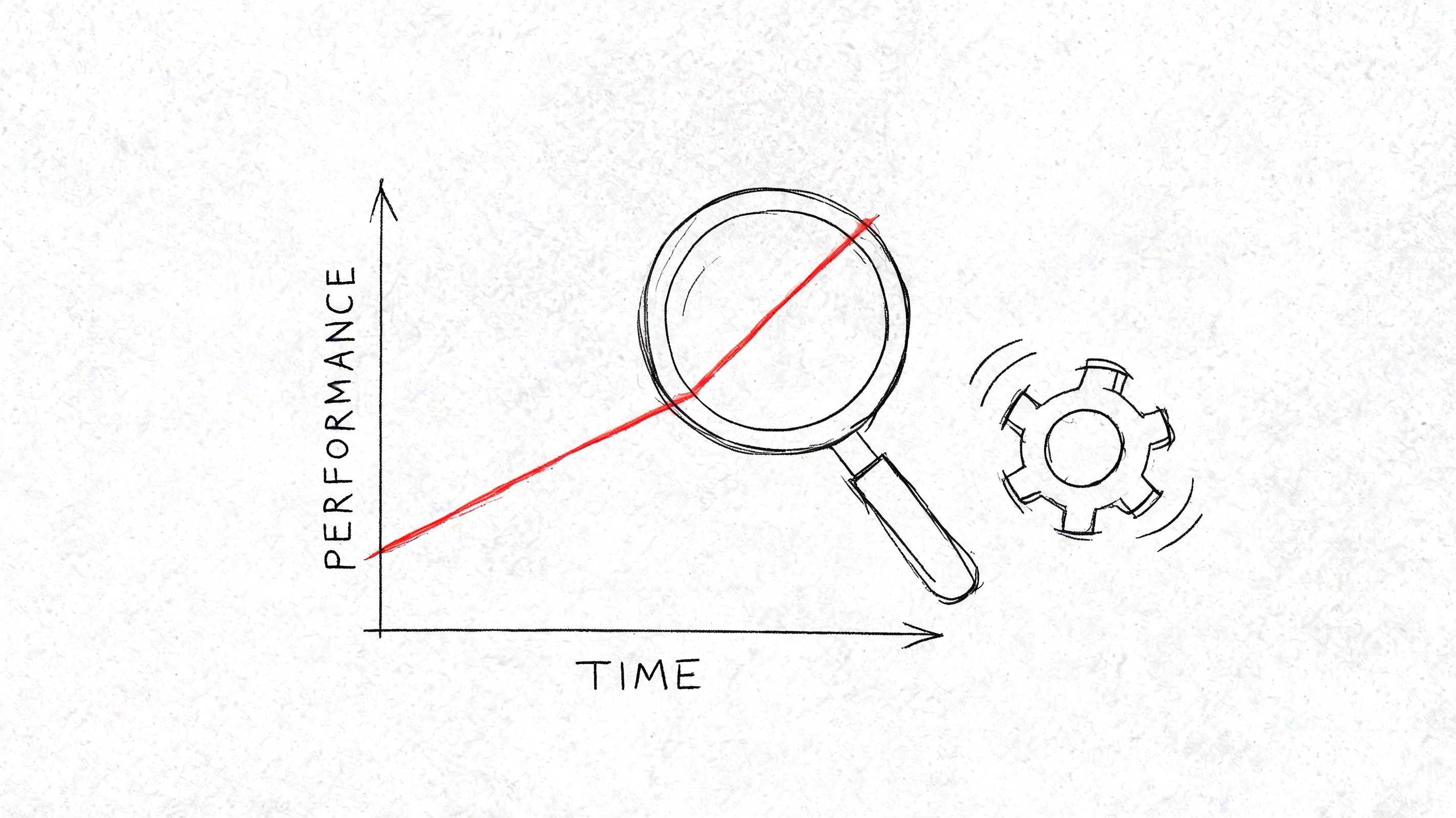 A hand-drawn sketch of a performance graph with a magnifying glass inspecting an upward trending red line.