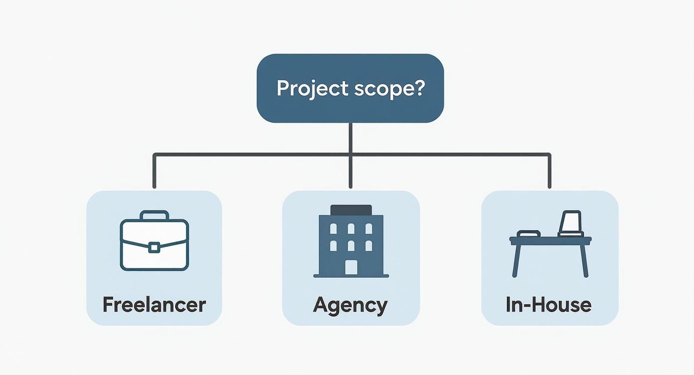 A flowchart illustrating different project execution options: freelancer, agency, and in-house resources.
