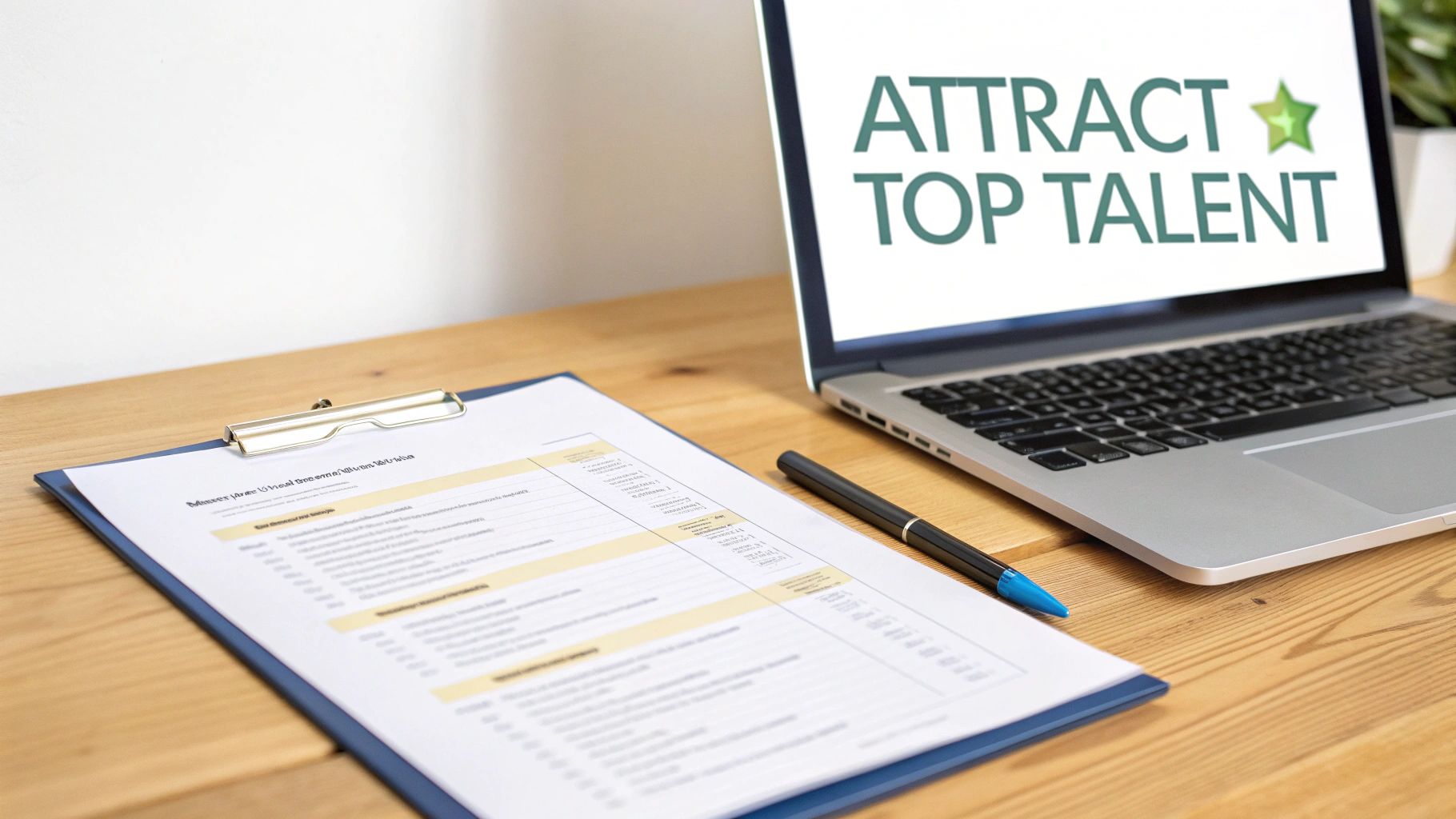 A laptop displaying 'ATTRACT TOP TALENT' next to a clipboard with a document and a pen on a wooden desk.