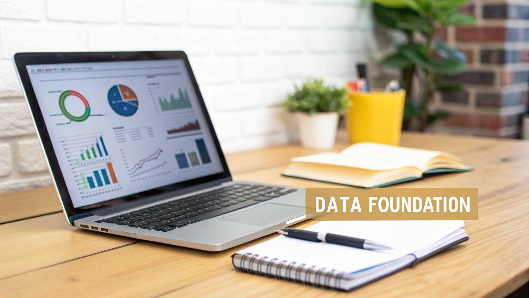 A laptop displaying data analysis charts and graphs on a wooden desk with a notebook and pen.
