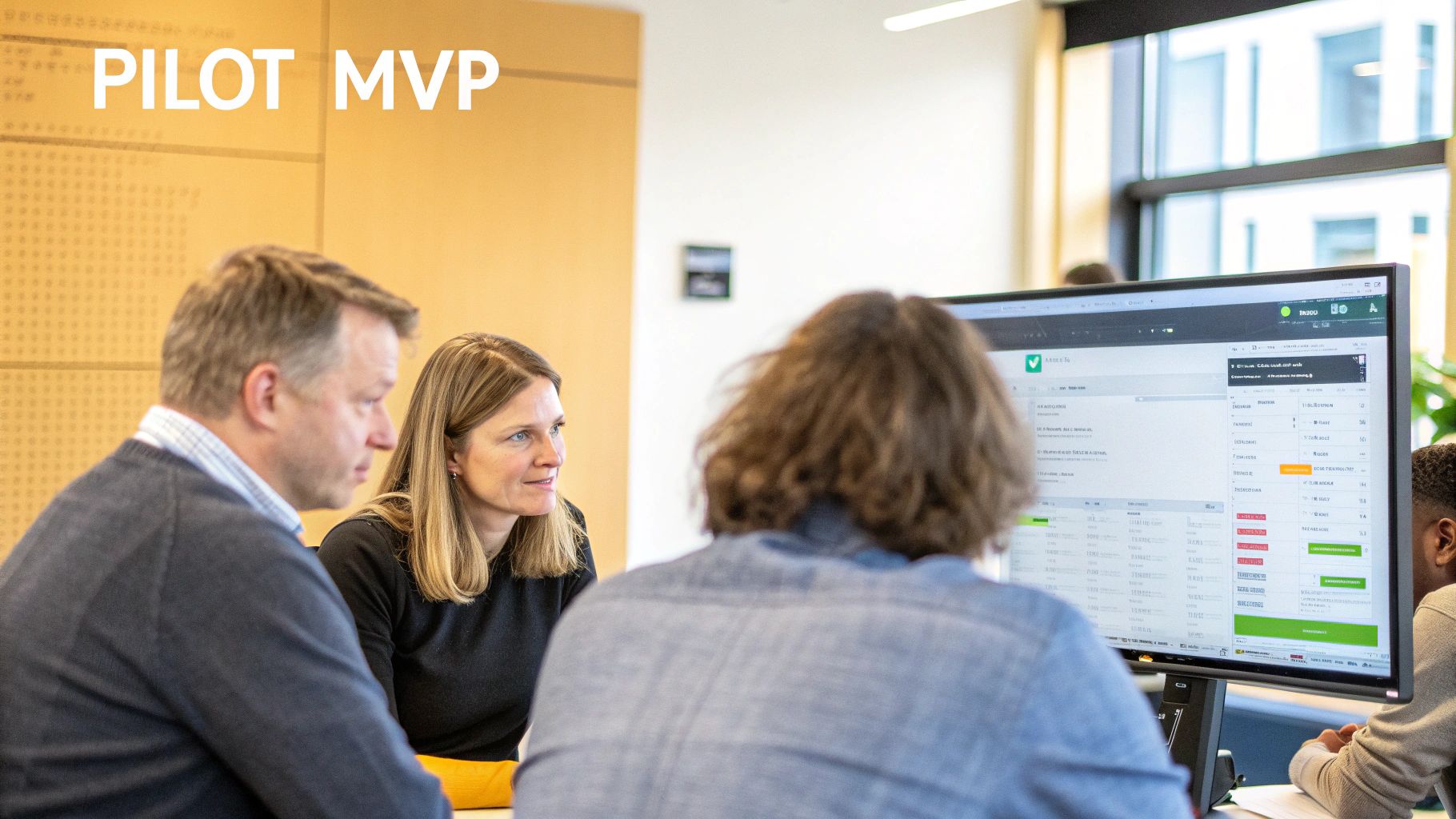 Business team collaborating and analyzing data on a computer screen, featuring 'PILOT MVP' text.