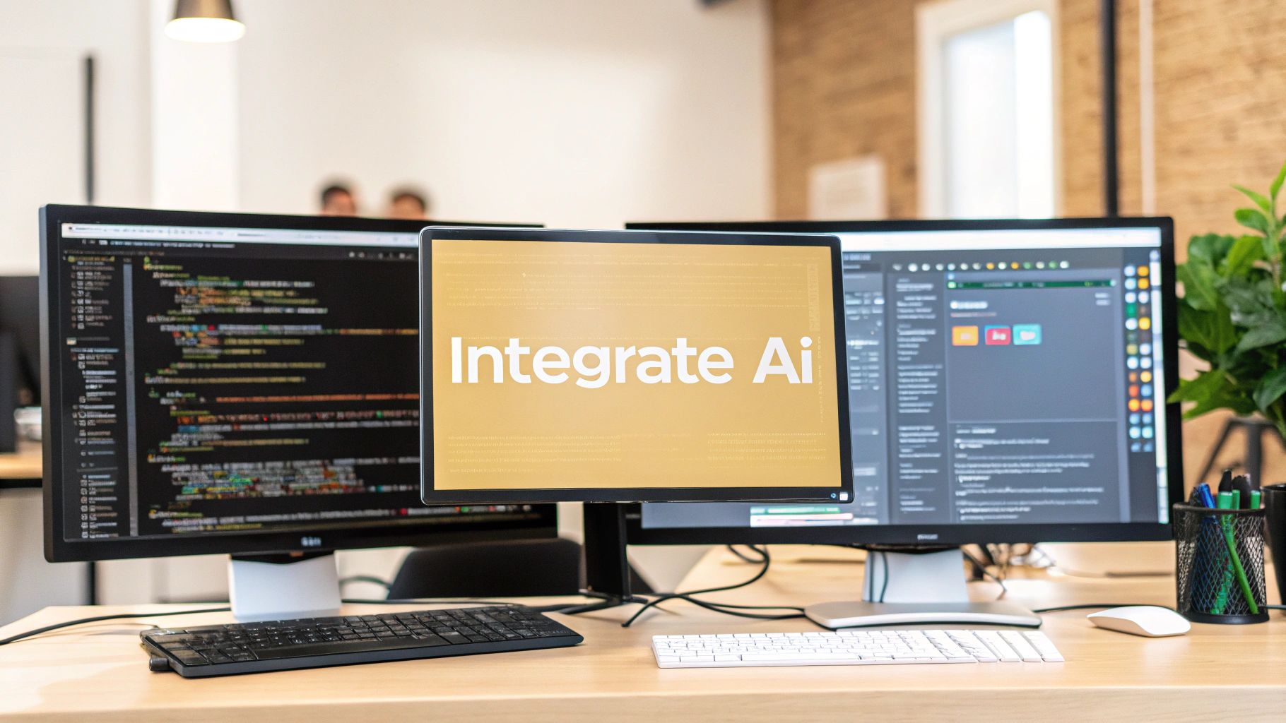 Three computer monitors on a modern office desk, one prominently displaying 'Integrate AI' text.