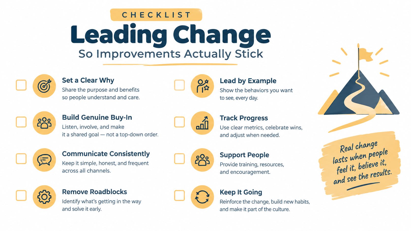 A checklist titled Leading Change illustrating eight key steps for successfully implementing improvements within an organization.